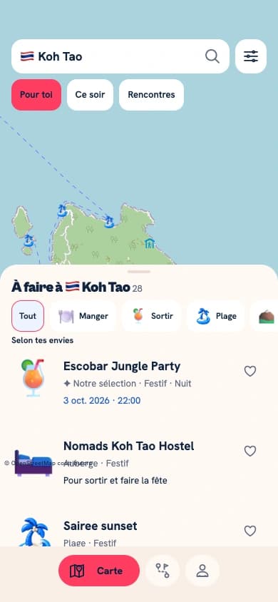 Spixes map showing For you, Tonight and Encounters modes and a selection of places in Koh Tao