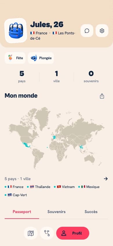 Spixes profile with My world, visited countries and Passport, Memories and Achievements tabs