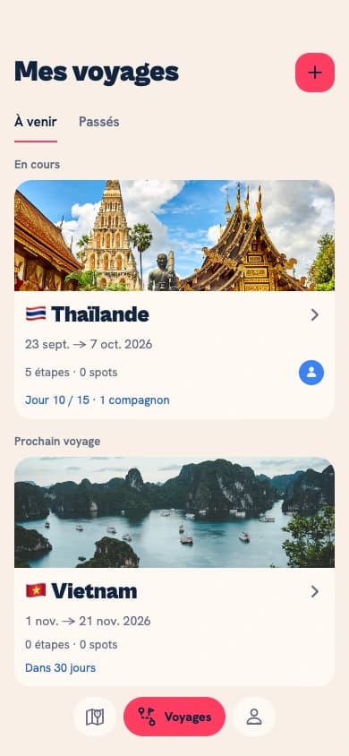 Spixes My trips screen with example trips to Thailand and Vietnam