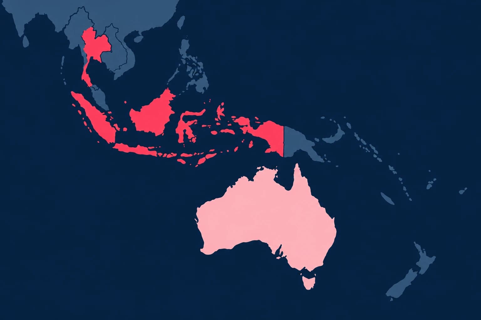 A simplified map of Southeast Asia and Australia, with Thailand and Indonesia in coral and Australia in pale pink