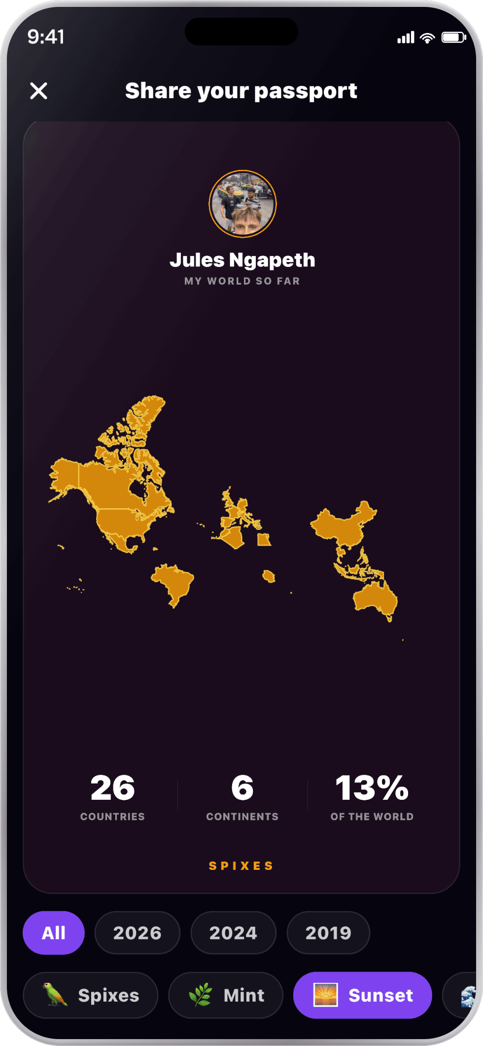 The passport sharing screen in the Spixes app