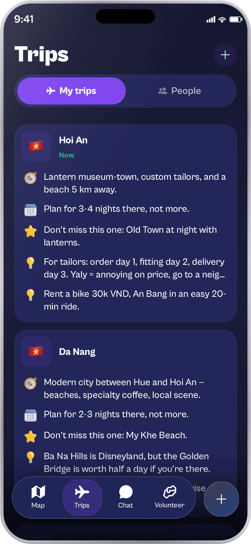 The Trips tab in the Spixes app, with local tips for every stop