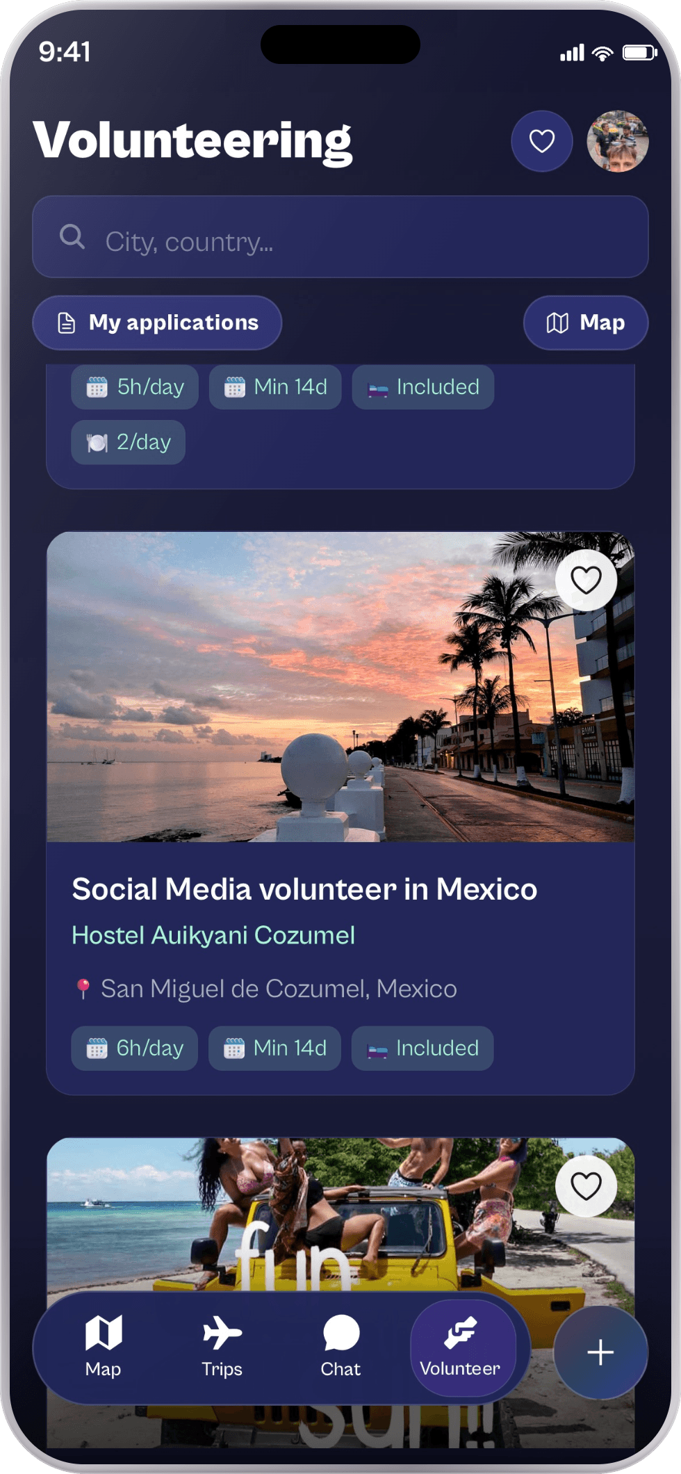 The Volunteering tab in the Spixes app, with hostel listings